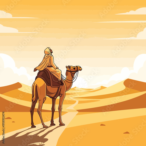 Desert Nomad Riding Camel Through Golden Dunes Under a Vast Sky