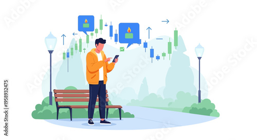 Man checking stock market on phone in park with trading charts and notifications