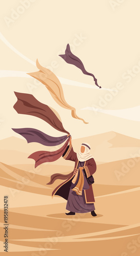 Desert Nomad With Flowing Scarves Against Sand Dunes Sky