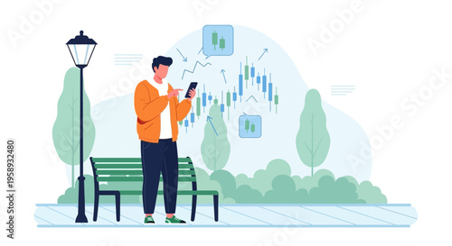 Man checking stock market on phone in park, financial growth concept