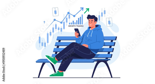 Man checking stock market on phone sitting on bench with financial graph background