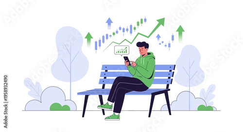 Man checking stock market on phone sitting on park bench with rising graph