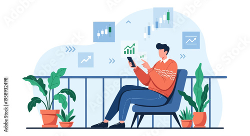 Man checking stock market on smartphone on balcony with plants and charts