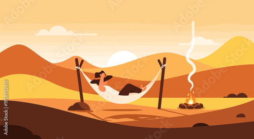 Desert Solitude Relaxing Hammock Campfire Sunset Horizon Serenity