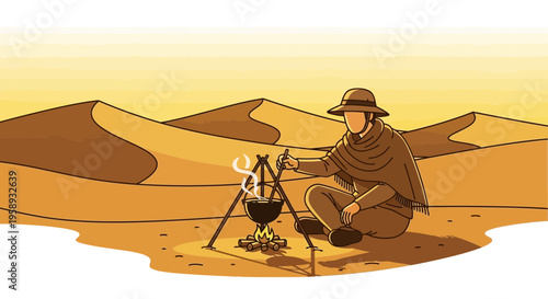 Desert Survivor Cooking Meal Over Campfire Amidst Sand Dunes