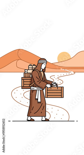 Desert Traveler Carries Goods Through Arid Landscape Under Setting Sun