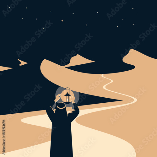 Desert Traveler Illuminates Path Under Starry Night Sky