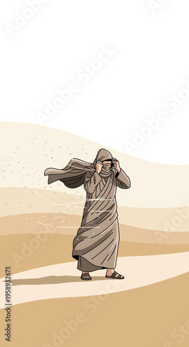 Desert Traveler Seeking Shelter From Harsh Windstorm Dynamics