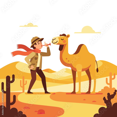 Desert Traveler Serenades Camel with Wind Instrument Adventure