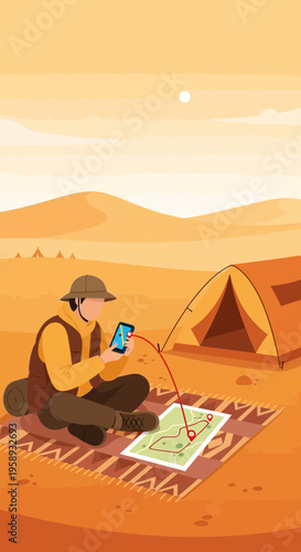 Desert Trekker Navigates Using Modern Technology And Traditional Maps