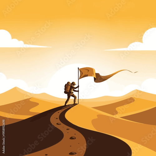 Desert Trekker Plants Flag Atop Golden Dune Summit Achieving Ambitious Goal