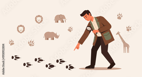 Detective Investigating Animal Tracks And Following Footprints In A Safari Adventure
