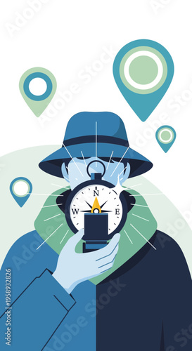 Detective Navigating With Compass And Location Pins