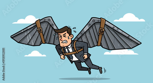 Determined Businessman With Mechanical Wings Struggling To Fly In The Sky