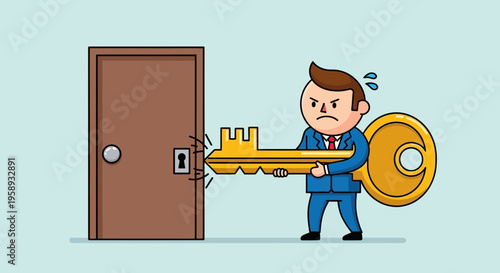 Determined Businessman Attempts To Unlock Door With Oversized Key