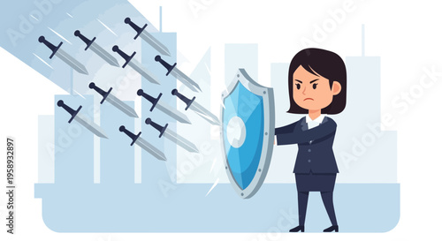 Determined Businesswoman Defending Against Corporate Challenges With A Shield