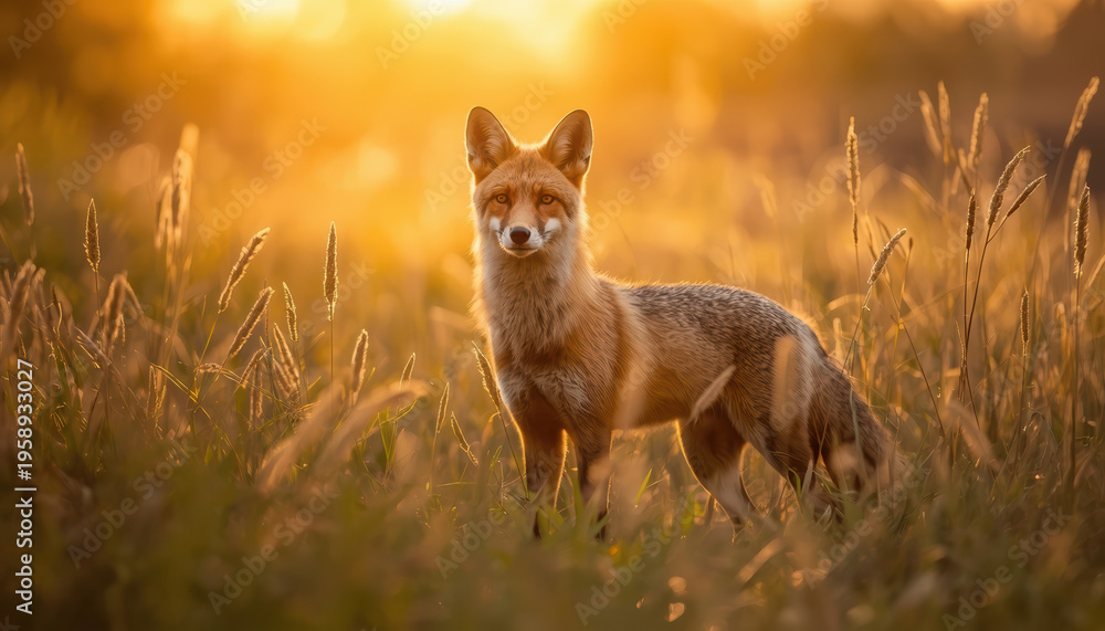 Obraz premium Golden fox standing alert in tall grass at sunset with warm backlight and serene mood