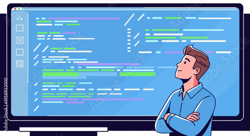 Developer Contemplating Code On A Large Digital Display Screen