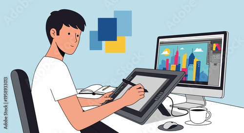 Digital Artist Creating Vibrant Cityscape On Professional Drawing Tablet