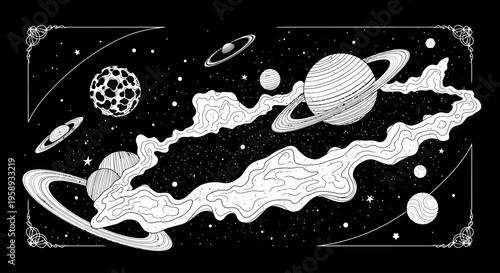 Detailed monochrome cosmic illustration featuring ringed planets, stars, and ethereal nebulas in deep space, celestial art.