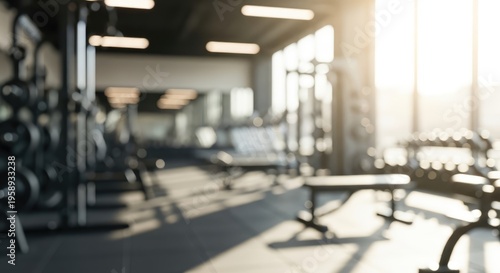 Blurred Modern Gym Interior with Sunlight Streaming Through Windows.