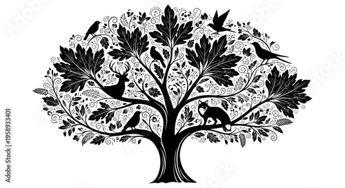 Artistic black and white illustration of a majestic tree teeming with various wild animals and decorative leaves, nature concept.