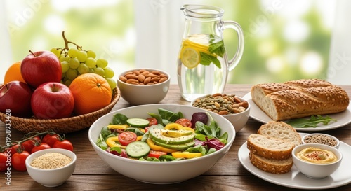 Healthy and Nutritious Meal Spread with Fresh Fruits Vegetables Bread and Water.