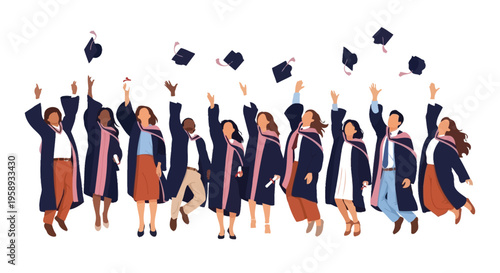 Diverse group of joyful students celebrating their graduation by jumping and throwing caps in the air.