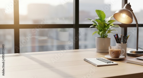 Modern Home Office Desk with Coffee and Plant by Window.