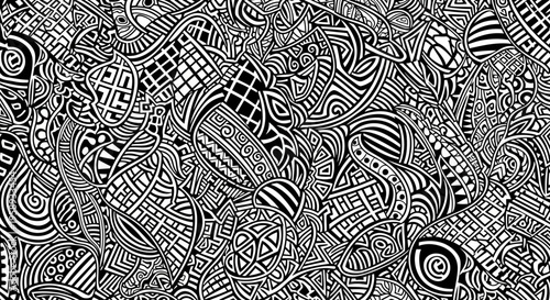 Seamless Abstract Black and White Hand-Drawn Intricate Pattern. Complex Doodle Art with Geometric Shapes, Swirls, and Lines.
