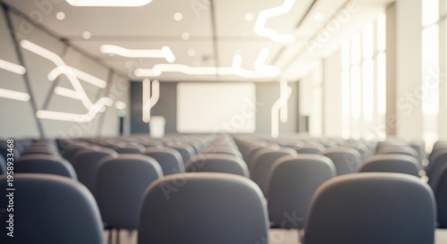 Empty Modern Conference Hall with Rows of Chairs and Large Screen.