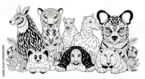 Detailed decorative line art illustration of diverse wild animals with intricate patterns for coloring books and graphic design