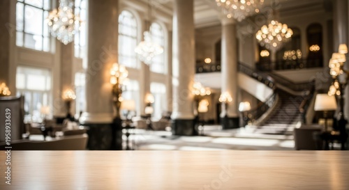 Blurred background of a luxurious hotel lobby with elegant chandeliers and grand architecture.