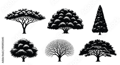 Collection of six distinct black and white silhouette tree illustrations in various shapes and forms