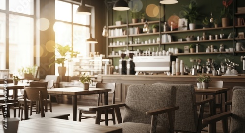 Empty Modern Cafe Interior with Sunlight Streaming Through Windows.
