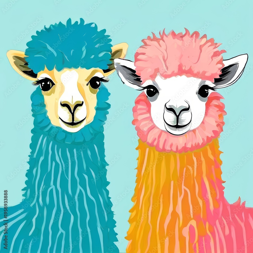 Fototapeta premium Two colorful alpacas isolated on a blue background. Cute fluffy animal characters illustration. Bright artistic portrait of stylized llama for children storybook and nursery decor.