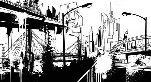 Monochrome urban cityscape illustration with modern bridges, tall buildings, and abstract grunge ink splatters, graphic design background.
