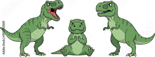 Cartoon tyrannosaurus rex character set with cute and fierce poses, green dinosaur collection for kids design, prehistoric animal vector illustration bundle isolated