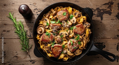 Delicious Pasta Dish with Meat and Mushrooms in a Cast Iron Skillet.