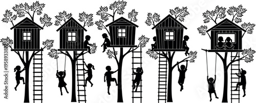Children playing in treehouses silhouette vector illustration, kids climbing ladders and swinging on trees, playful childhood outdoor activity scene, nature adventure playground concept design.