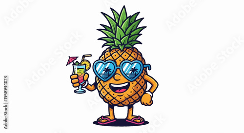 Fun pineapple cartoon character, tropical fruit illustration, summer vacation icon, colorful mascot design