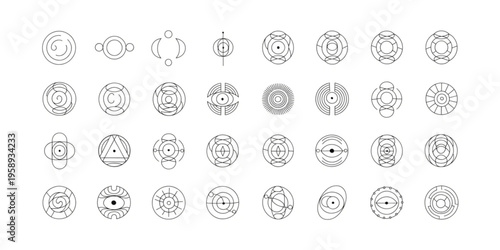 A collection of various circular icons featuring abstract designs and symbols.