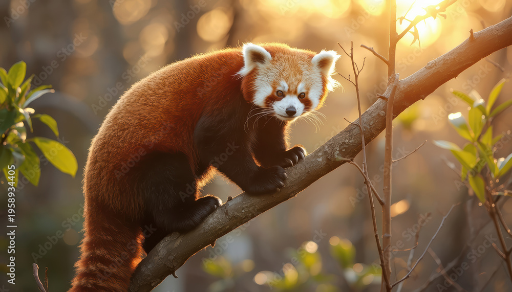 Obraz premium Red panda on branch during golden hour with warm backlight and forest bokeh