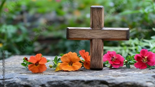 Wooden Cross with Flowers | Faith and Nature | Memorial Cross in Garden