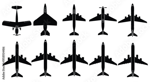 Diverse collection of overhead airplane silhouettes showcasing different aircraft types for aviation and travel concepts