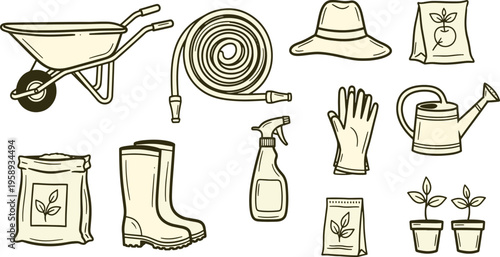 Garden maintenance tools with wheelbarrow watering can rubber boots and planting supplies for hobby farming hand drawn vector illustration doodle art