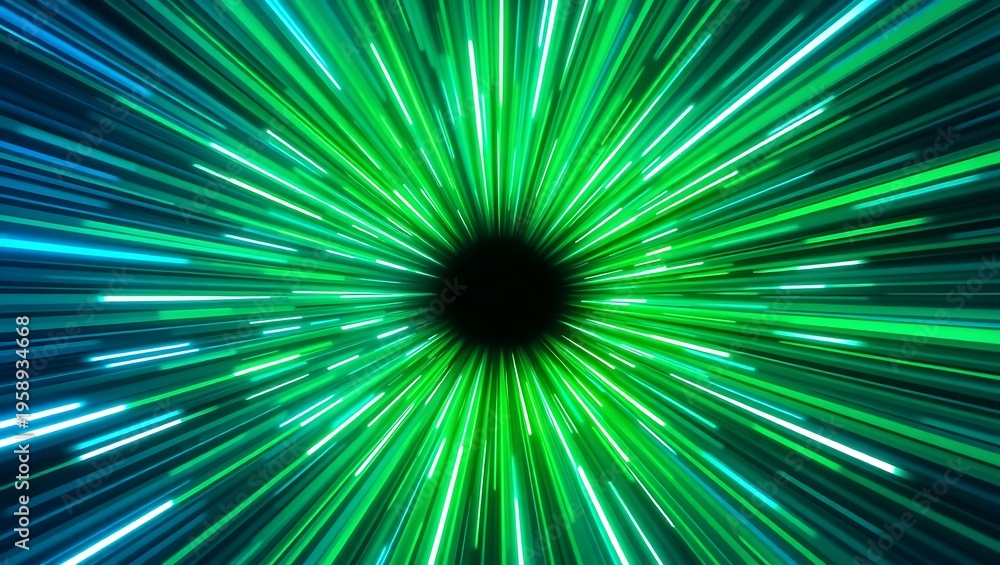 Fototapeta premium Design a radial burst of blue and green speed beams in a 3D digital space, neon highlight effects, symmetry and balance, high-end vector art
