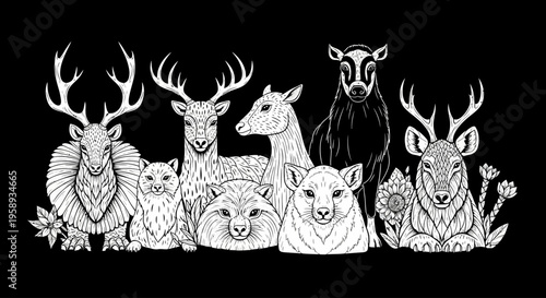 Monochrome illustration of forest animals with deer, stags, and woodland creatures. Intricate line art design on black background.