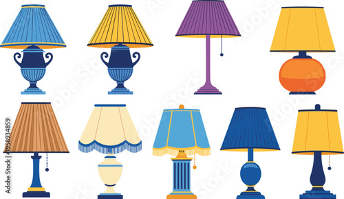 Collection of colorful table lamps with decorative lampshades in modern and classic styles, vector illustration set for interior lighting design, home decor and furniture concepts