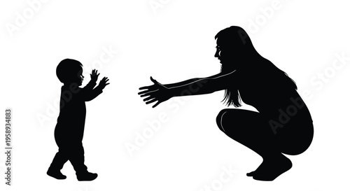 Silhouette of mother crouching down inviting her little toddler baby to take first steps forward